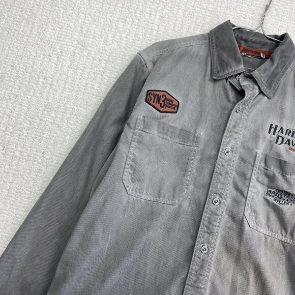 Y2K Harley-Davidson Men’s Gray Denim Button Shirt Embroidered Logo Patches Read - Picture 3 of 15
